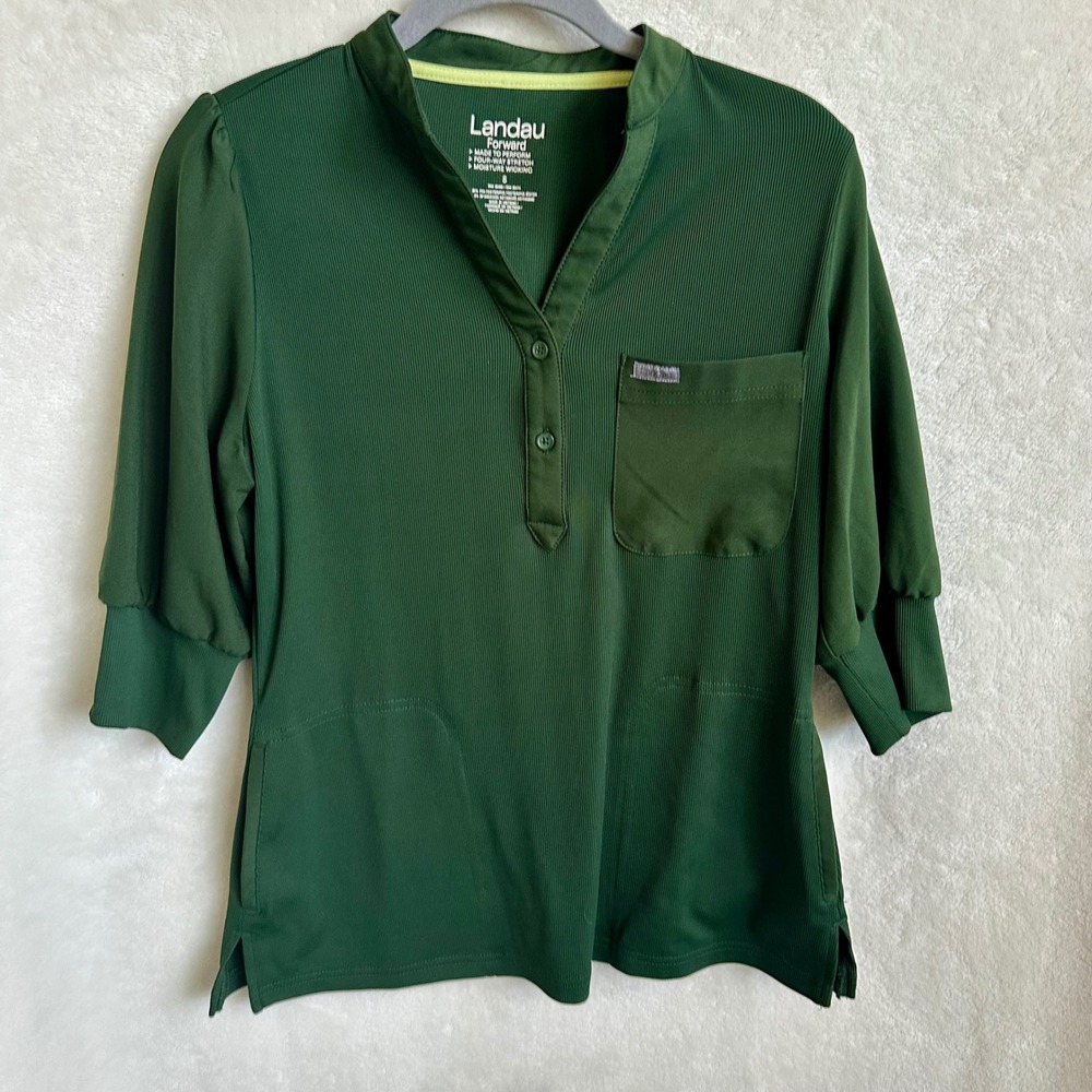 Landau Forward Women's 3-Pocket Y-Neck Scrub Top‎ Puff Sleeve Green Size Small